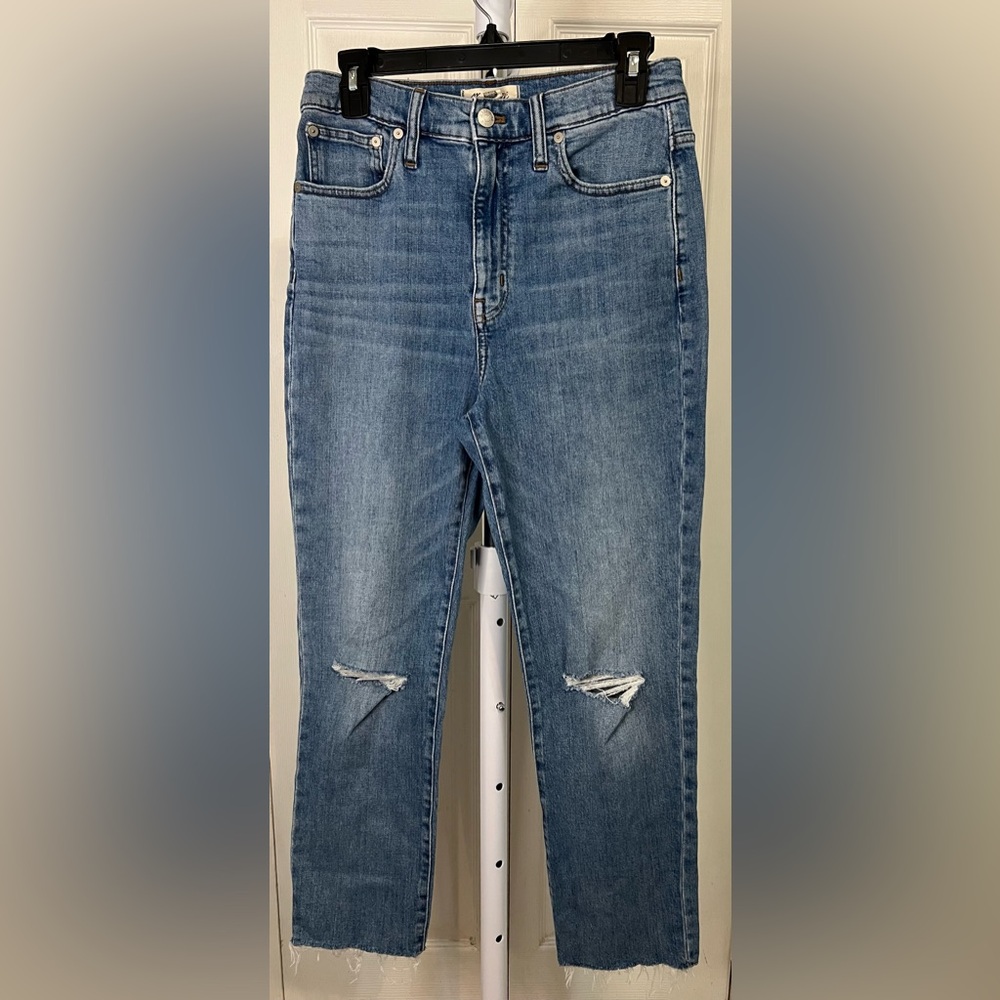 Madewell High Rise Slim Crop Boyjean 26 Cropped Jeans Blue Fray Hem Distressed